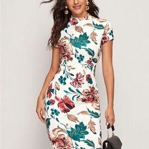 SHEIN Blue and Red Bodycon Midi Dress for Wedding Guest